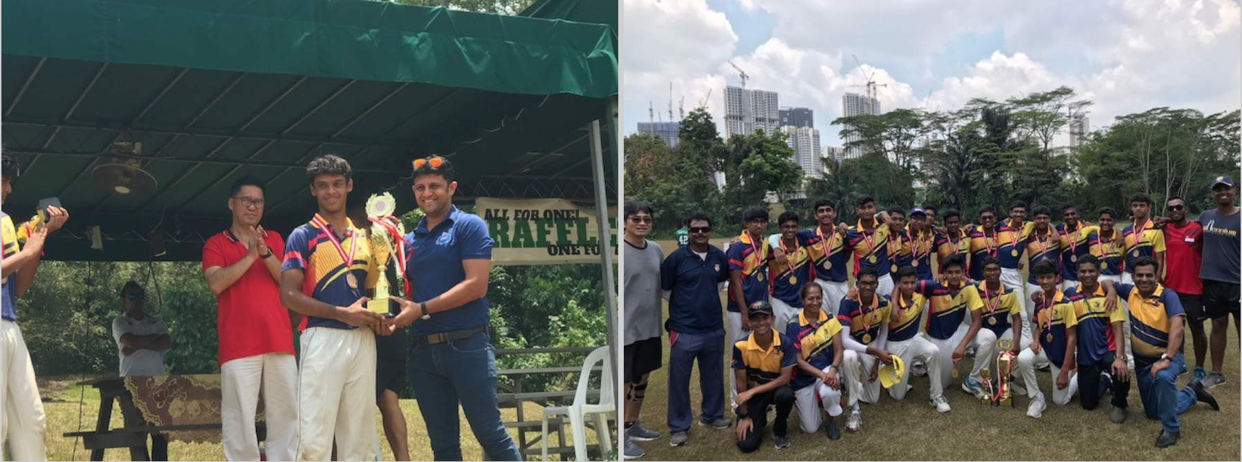 Two photos: a trophy presentation under a canopy, and a large cricket team posing outdoors with medals and a trophy.
